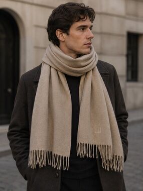 Dunhill London Neutral Beige Fringed Scarf 100% Cashmere Luxury Winter Wrap